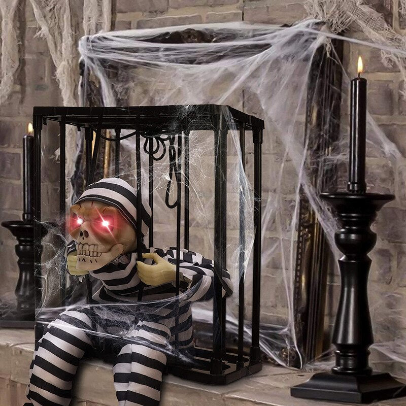 Screaming Animated Halloween Decorations Halloween Decor Prop Scary Skull Cage Prisoner Haunted House Decor, Ghost Light Up Eyes acacuss