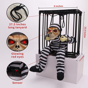 Screaming Animated Halloween Decorations Halloween Decor Prop Scary Skull Cage Prisoner Haunted House Decor, Ghost Light Up Eyes acacuss