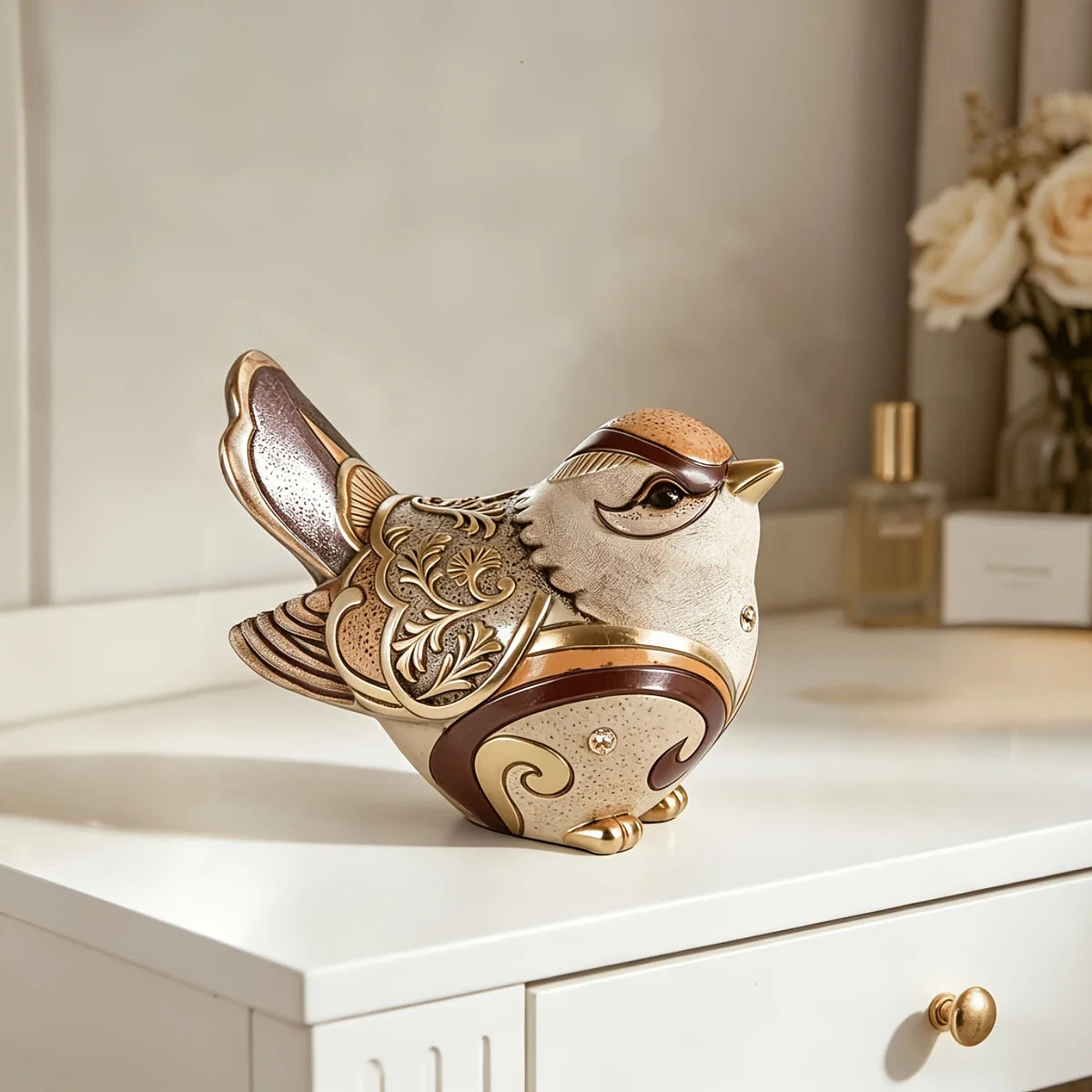 Retro Goldene geschnitzte Vogel Skulptur Harz Spatz Figur Vintage Blumenmuster Desktop Ornament Heim Tischdeko Geschenk