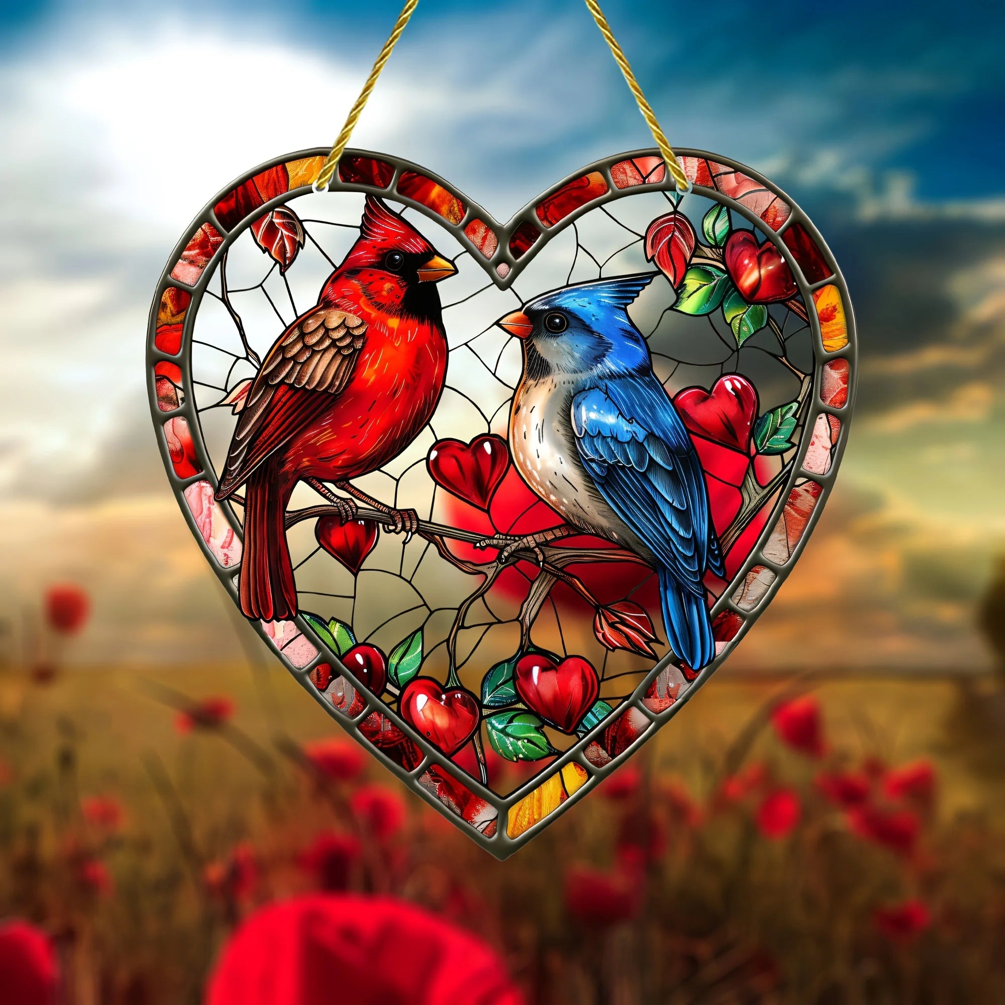 Colorful Red Bird and Blue Bird Pendant Suncatcher/8-inch Heart-shaped Colorful Hanging Decoration/animal Theme