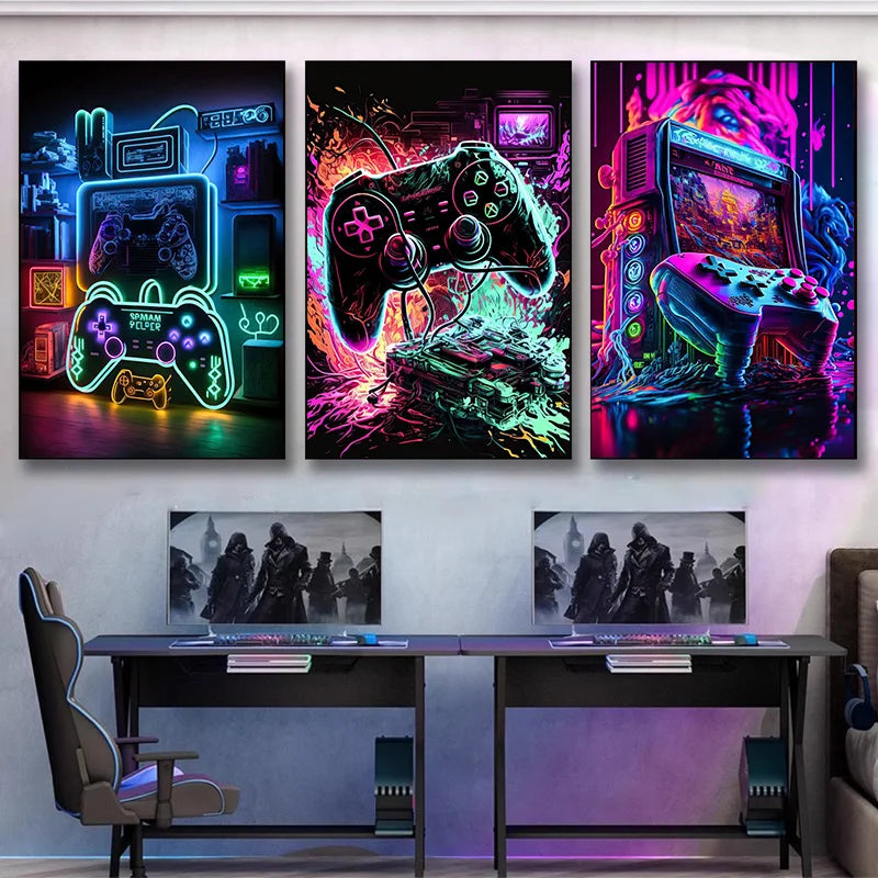 Neon Pop Cool Gaming Wall Art Canvas Painting, Colorful Gamer Controller Poster and Prints E-sports Room Decor Gift No Lights