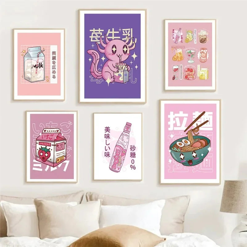 Colourful Light Colours Buttermilk Wall Art Ramen Milk Cute Cartoon Japanese Canvas Painting Pink Purple Kitchen Gallery Poster