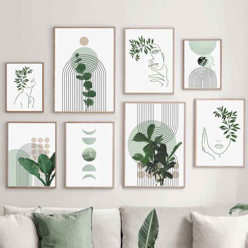 Boho Green Leaves Sun Lines Rainbow Girl Face Wall Art Canvas Painting Abstract Posters & Prints Pictures For Living Room Decor