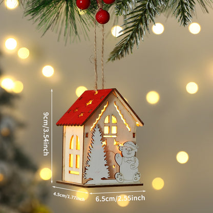 Neues Weihnachts-Holzhaus mit Anhänger, Schneemann, Elch, Weihnachtsmann, Bärenhaus, Beleuchtung, leuchtende Blockhütte, Weihnachtsdekoration 