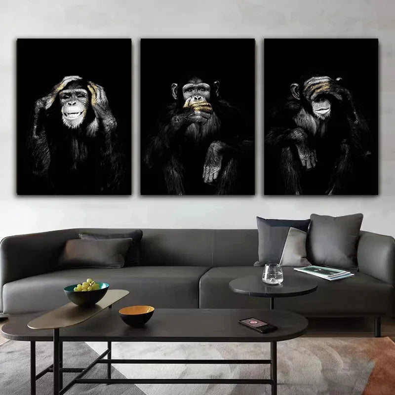 Funny Monkey HD Poster Canvas Painting Animal Wall Art Dark 3 Canvas Paintings And Print For Living Room Home Decor No Frame