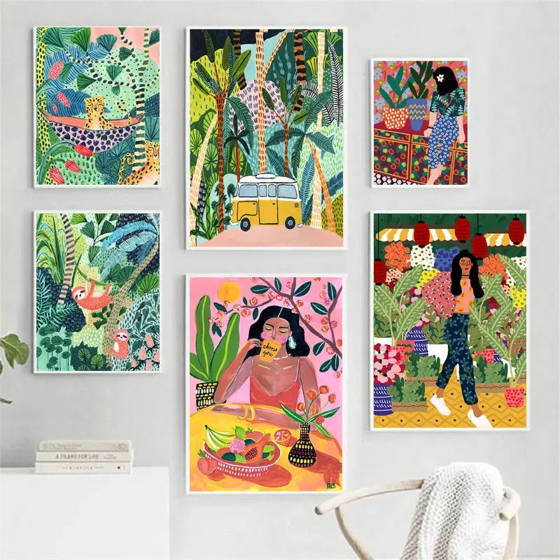Tropical Colorful Girl Car Flower Koala Leopard Wall Art Canvas Painting Posters And Prints Wall Pictures For Living Room Decor