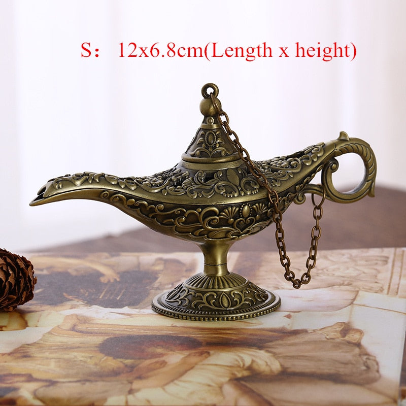 Lampe D'Aladin Décorative En Métal Or Et Rouge - Statue Génie Légendaire Pour Maison Et Hôtel