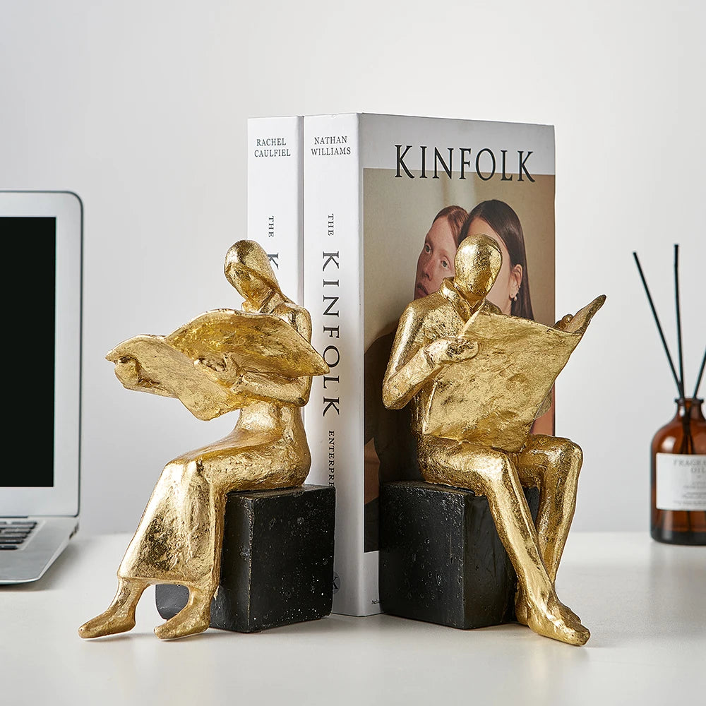 Golden Reading Statue Home Decor Artistic Study Bookshelf Ornament Simple Book End Resin Miniatures Crafts Office Accessories