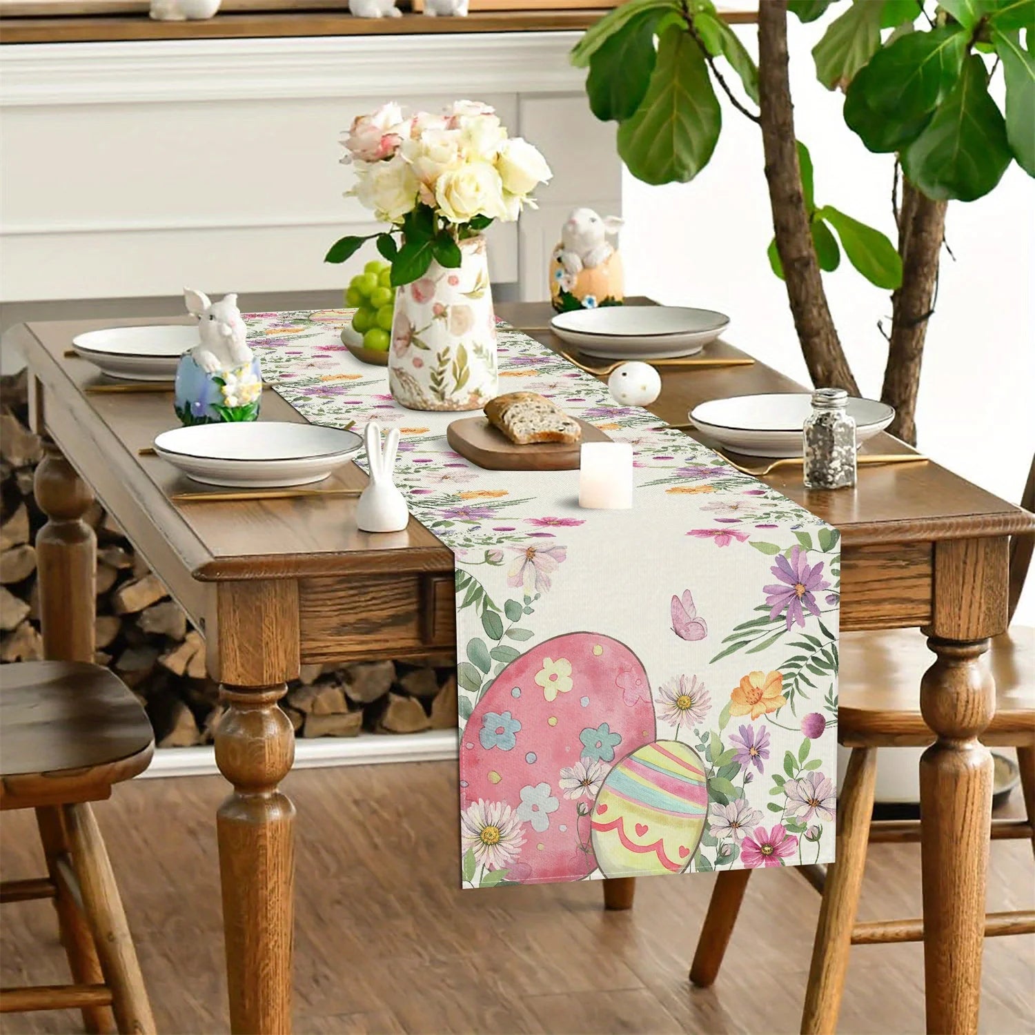 Easter Bunny Eggs Floral Print Linen Table Runner Party Decor Spring Watercolor Flowers Table Runners Dresser Scarf Table Decor