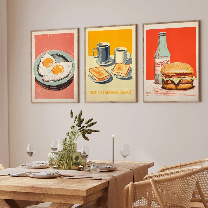 Retro Funny Food Breakfast Eggs Bacon Pancakes Cheese Posters and Prints Canvas Printing Wall Art Picture for Kitchen Home Decor