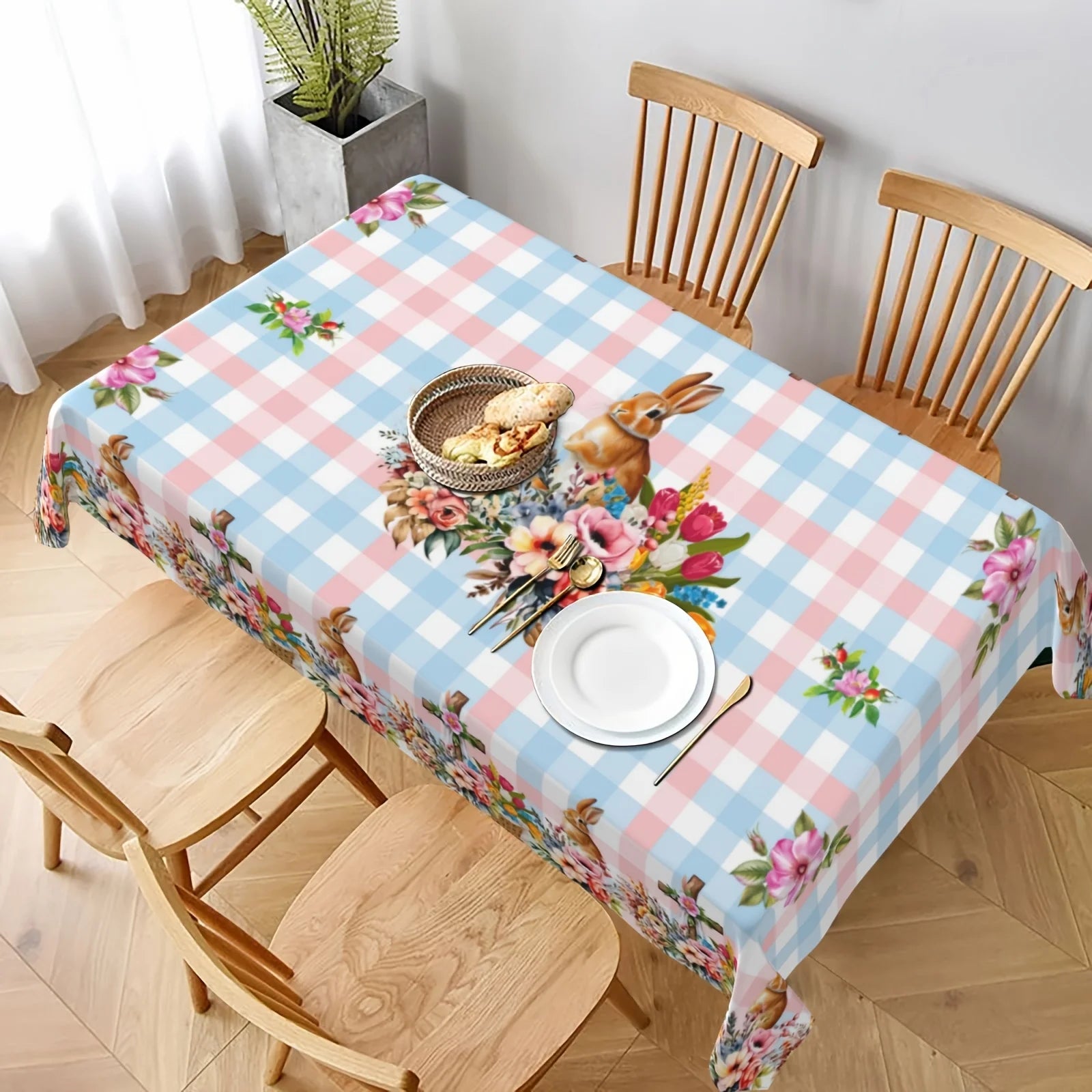 Spring Flowers Easter Bunny Eggs Rectangle Tablecloth Holiday Party Decor Colorful Floral Plaid Table Cloths Dining Table Decor