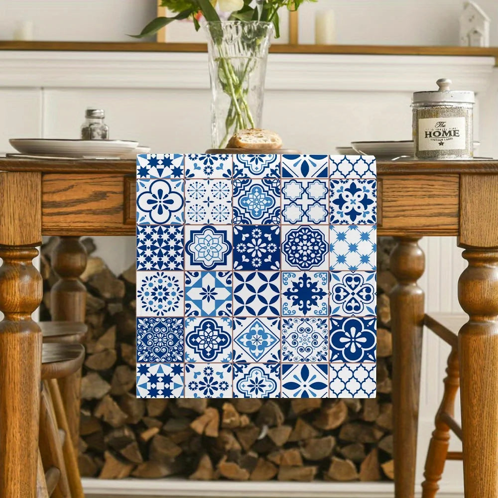 dresser runner Bohemian Blue White Tile Pattern Linen Table Runner Dresser Scarf Decor Holiday Kitchen Dining Table Runners Home Party Decor