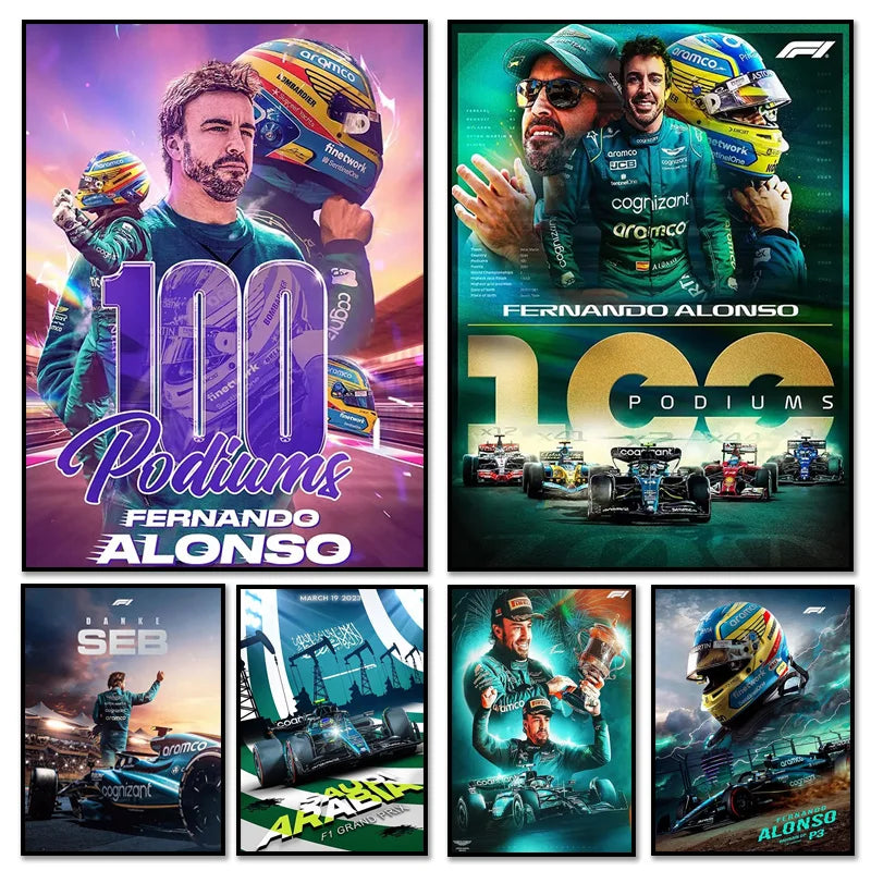 Fernando Alonso 100 Podiums F1 Posters Racing Figure Print Canvas Painting Ideal Wall Art HD Pictures for Living Room Home Decor