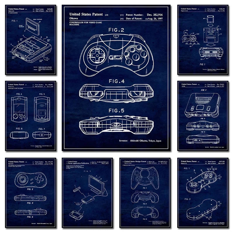 Retro Game Controller Blueprint Patent Cool Gaming Poster Canvas Painting Wall Art Picture For Living Room Home Gamer Room Decor