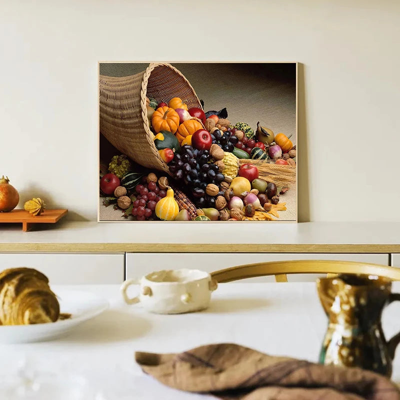 Nordic Vegetables and Fruits in Basket Poster Canvas Painting Colorful Food Wall Art for Dining Room Kitchen Decor Frameless