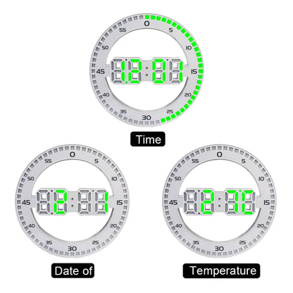 Silent Alarm with Calendar for Living Room Home Decoration LED Wall Clock 3D Digital Circular Luminous Temperature Thermometer