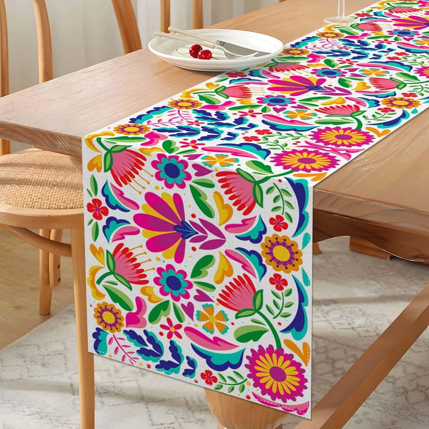 Mexican Floral Linen Table Runner Cinco De Mayo Mexico Let's