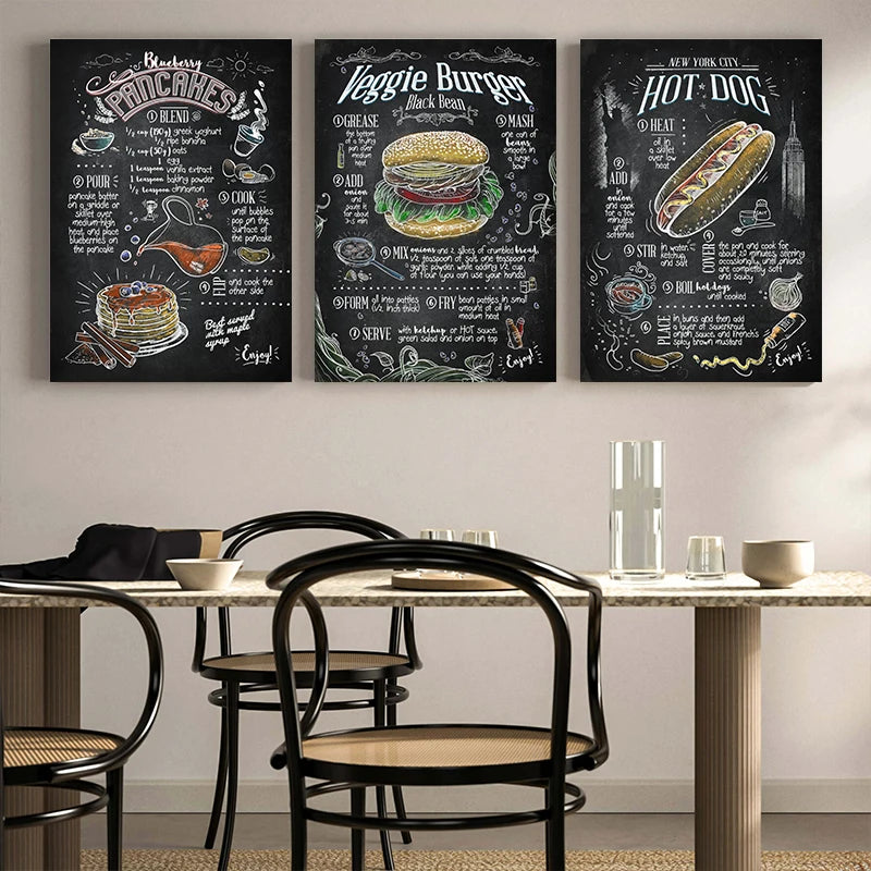 Classic Foodie Cuisine Blackboard Artwork Poster Canvas Printing Fast Food Hamburger Hotdog Wall Decor Kitchen Restaurant Decor