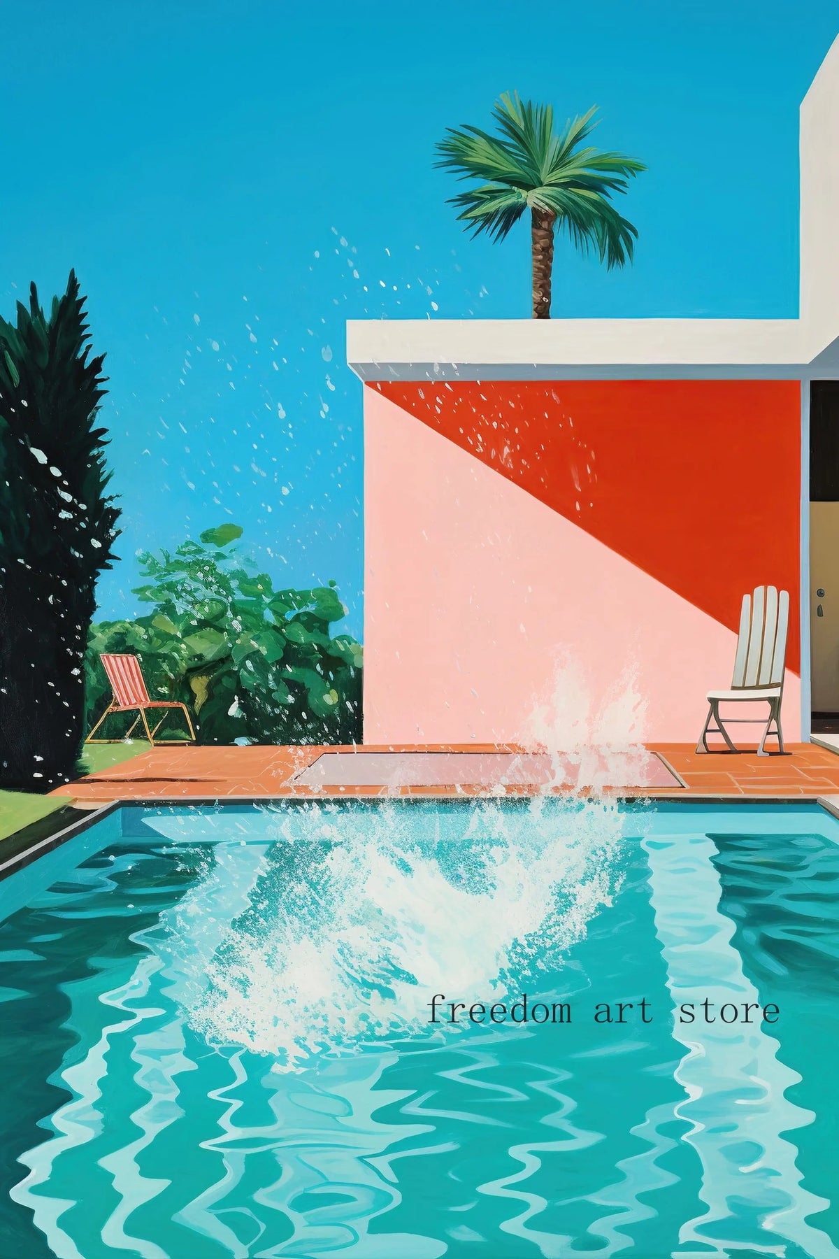 Vintage David Hockney Style 80s Illustration Swimming Pool Dog Cat Art ...