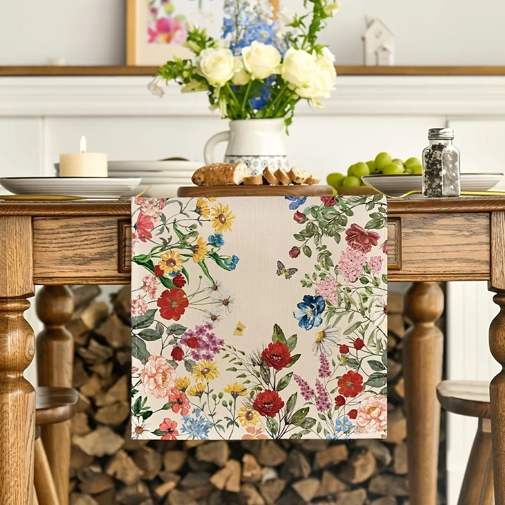 Spring Colorful Wildflowers Butterfly Linen Table Runners Wedding Party Decor Summer Floral Plants Table Runners for Table Decor