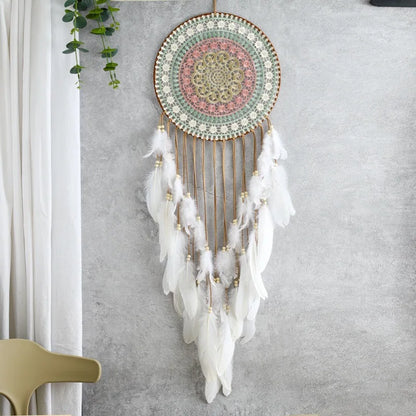 Woven Round Dream Catcher with Feather Tassel for Bedroom Hanging Decoration Cute Pendant for Home Decor