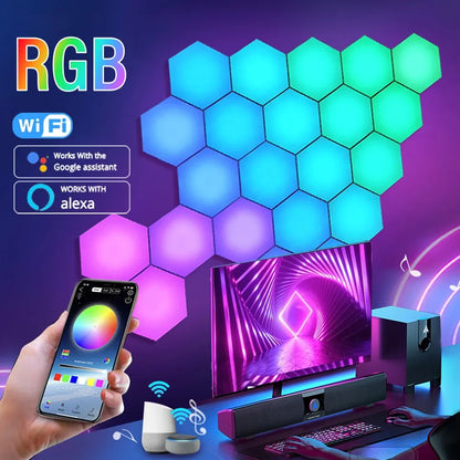 RGB Intelligent Hexagonal Wall Lamp Color-changing Ambient Night Light DYI Shape Music Rhythm APP Control For Game Room Bedroom