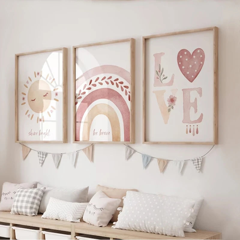 Bohemian Style Rainbow Series Canvas Painting Pink Sun Love Heart Cosy Wall Art Girls Bedroom Trend Decoration Unframed Poster