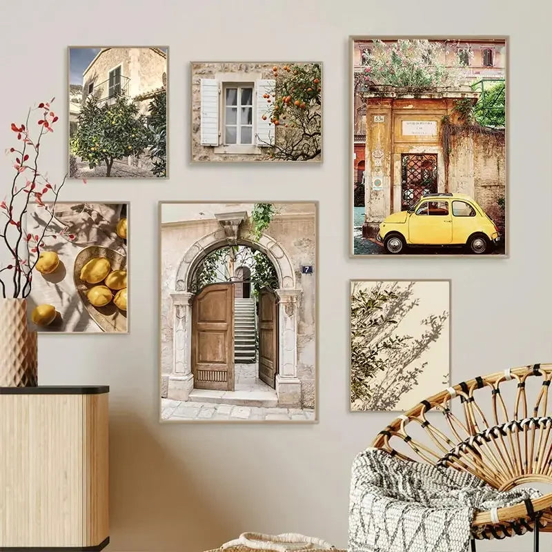 Autumn Italian Town Garden Landscape Wall Art Lemon Harvest Poster Cars and Plants Canvas Painting Home Living Room Decoration