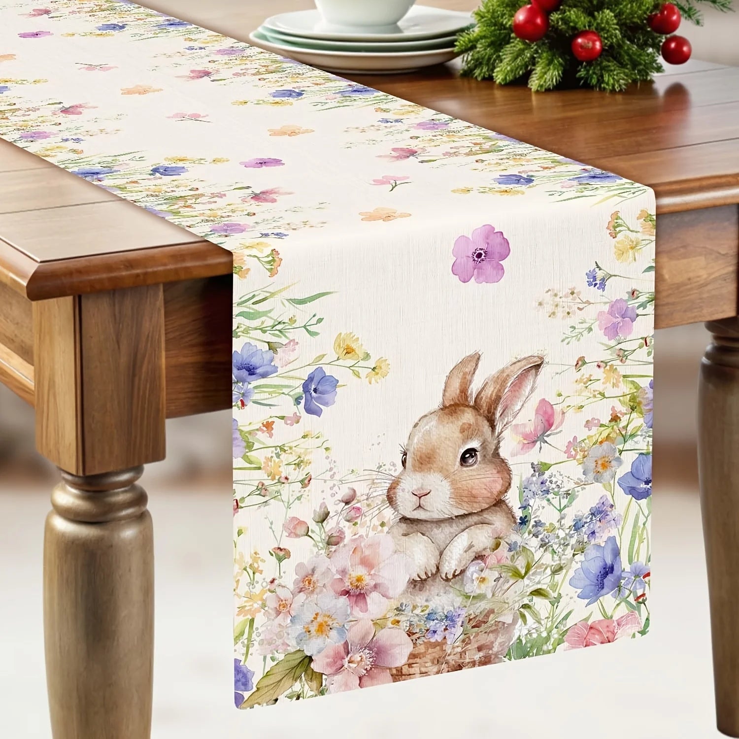 Easter Bunny Floral Linen Table Runner Holiday Party Decor Spring Watercolor Flowers Table Runners for Spring Easter Decorations