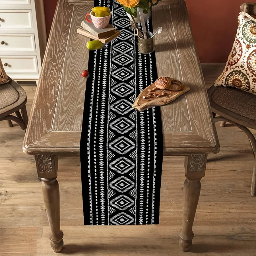 Boho Black White Printed Linen Table Runner Dresser Scarf Decor Modern Geometric Abstract Table Runners Holiday Home Party Decor Boho Black White Printed Linen Table Runner Dresser Scarf Decor Modern Geometric Abstract Table Runners Holiday Home Party Decor
