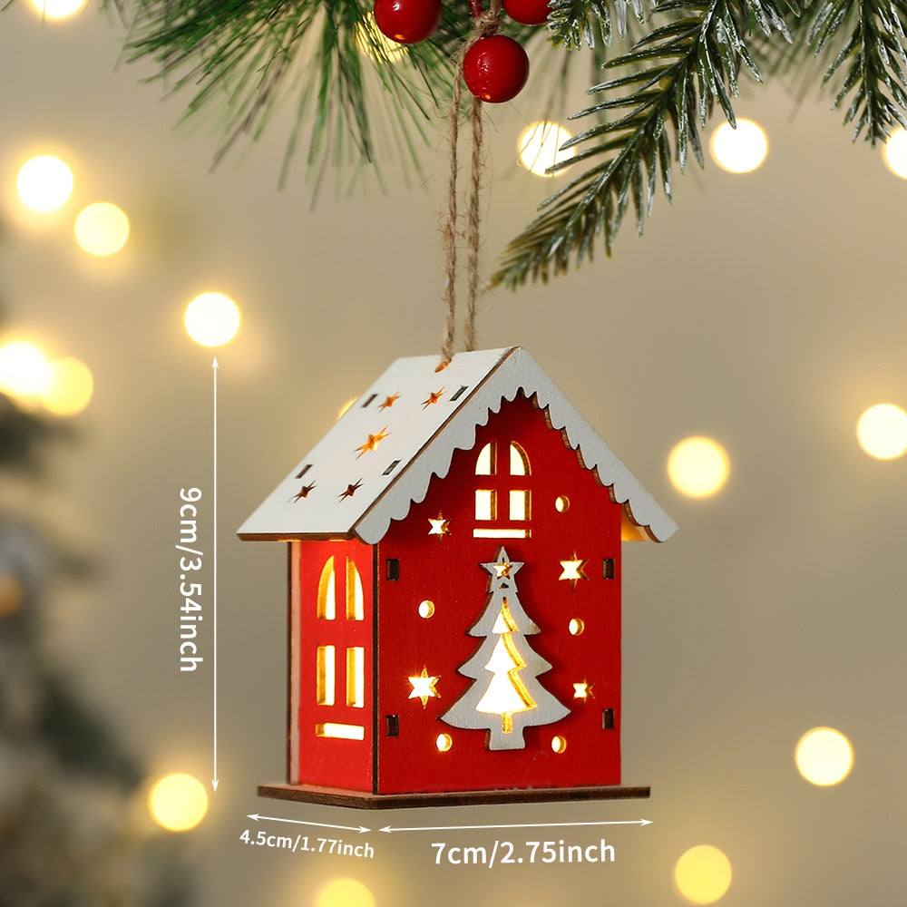 Neues Weihnachts-Holzhaus mit Anhänger, Schneemann, Elch, Weihnachtsmann, Bärenhaus, Beleuchtung, leuchtende Blockhütte, Weihnachtsdekoration 