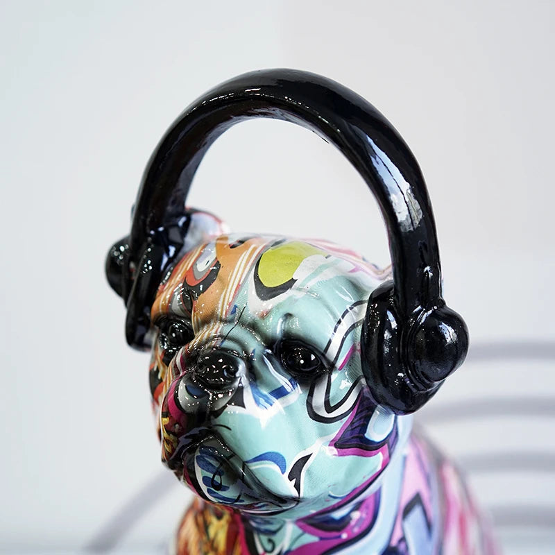 SAAKAR French Bulldog With Earphones Statues Resin Dog Graffiti Street Art Figurines Animals Home Office Desktop Decor Objects