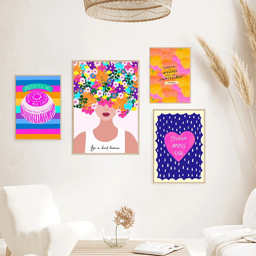 Positive Kind Girl Quote Poster Wall Art Print Abstract Pink Flower Canvas Painting Colorful Boho Living Room Home Decor Picture