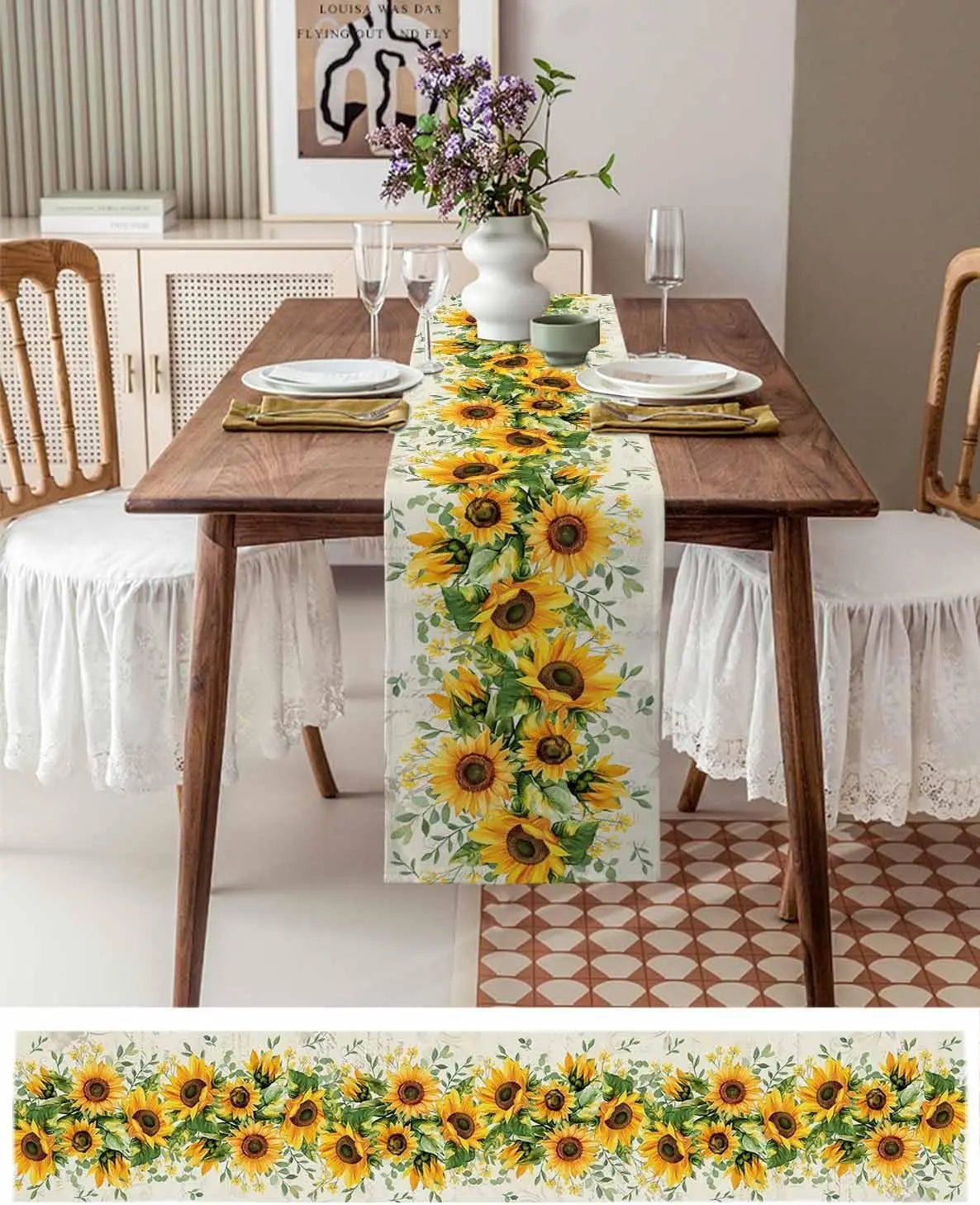 Yellow Sunflower Floral Linen Table Runner Wedding Party Decor Vintage Blossom Flowers Table Runners Kitchen Dining Table Decor