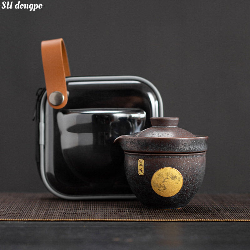 Silver Spot Travel Tea Set, One Pot One Cup Ceramic Chinese Gaiwan Creative Retro High-end Tea Set for Longjing Green Tea acacuss