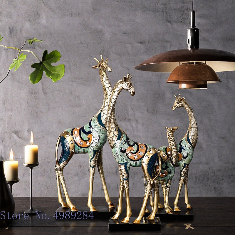 Simulation Animal Sculpture Giraffe Mother and Child Painted Animal Statue Modern Home Decoration Golden Handicraft Ornaments acacuss