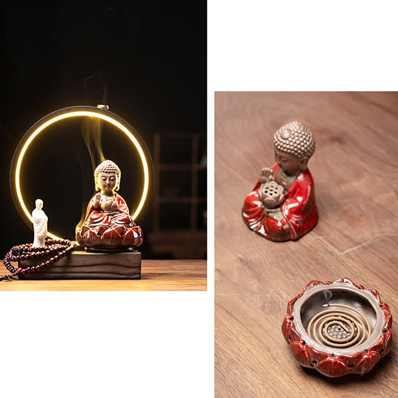 Sitting Buddha Cone Incense waterfall Holder  Backflow Incense Burner Led Home Living Room Desktop - acacuss
