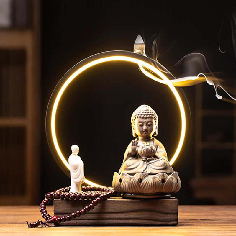 Sitting Buddha Cone Incense waterfall Holder  Backflow Incense Burner Led Home Living Room Desktop - acacuss