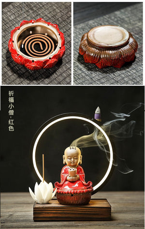 Sitting Buddha Cone Incense waterfall Holder  Backflow Incense Burner Led Home Living Room Desktop - acacuss