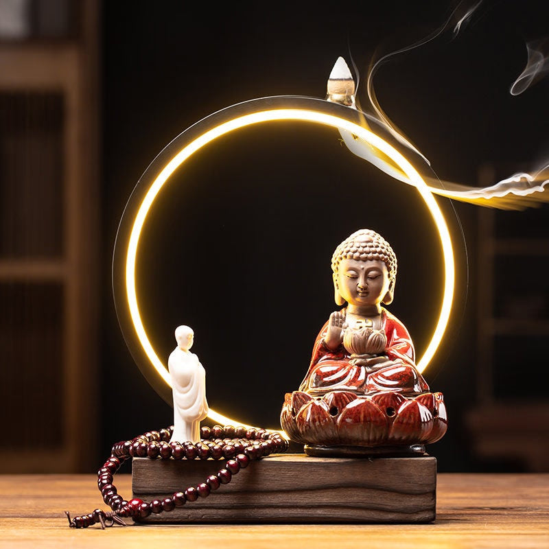 Sitting Buddha Cone Incense waterfall Holder  Backflow Incense Burner Led Home Living Room Desktop - acacuss