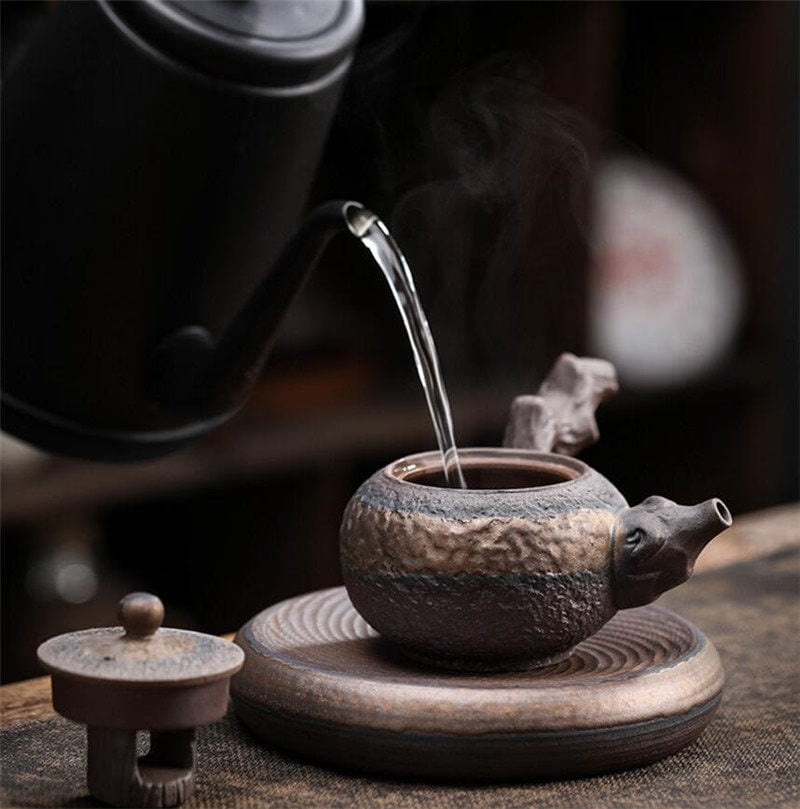 Stoneware Handmade Retro Ceramic Kung Fu Tea Set Single Pot Iron Glaze Teapot Kyusu Style  - Stoneware Teapot Ceramic side handle - acacuss