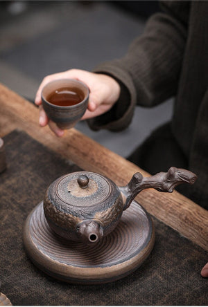 Stoneware Handmade Retro Ceramic Kung Fu Tea Set Single Pot Iron Glaze Teapot Kyusu Style  - Stoneware Teapot Ceramic side handle - acacuss