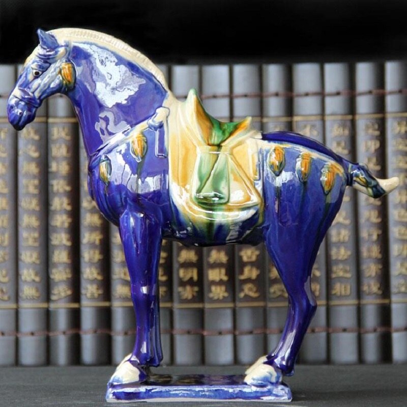 Tang Sancai Blue Glazed War Horse Ancient Porcelain Unearthed in Imitation Museum Antique Horse Decoration acacuss