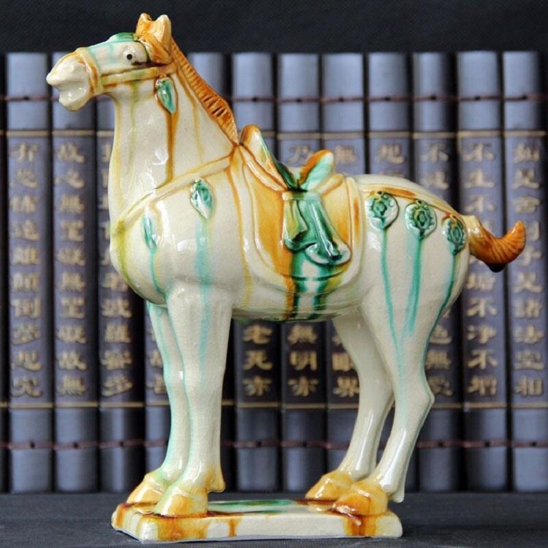 Tang Sancai Blue Glazed War Horse Ancient Porcelain Unearthed in Imitation Museum Antique Horse Decoration acacuss