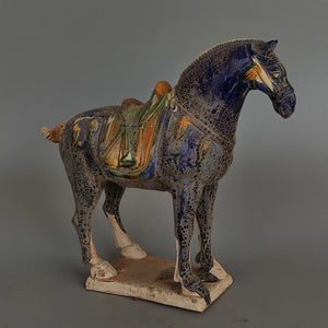 Tang Sancai Blue Glazed War Horse Home Decor Ancient Porcelain Unearthed in Imitation Museum Decoration Sculptures Figurines acacuss