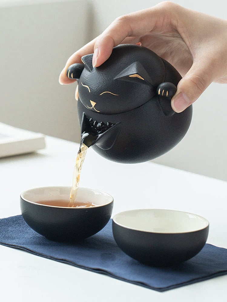 ACACUSS Tea Set for Cat Lovers Portable Cute Cat Cup One Pot And Two Cups Outdoor Storage Bag - Ceramic Teapot with 2 Cups Cute Cat Travel - ACACUSS