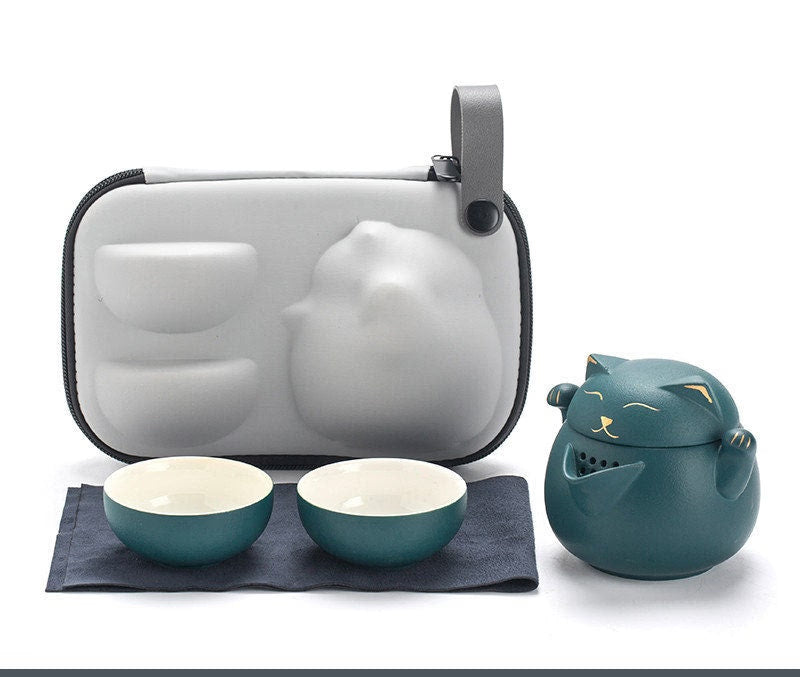 ACACUSS Tea Set for Cat Lovers Portable Cute Cat Cup One Pot And Two Cups Outdoor Storage Bag - Ceramic Teapot with 2 Cups Cute Cat Travel - ACACUSS