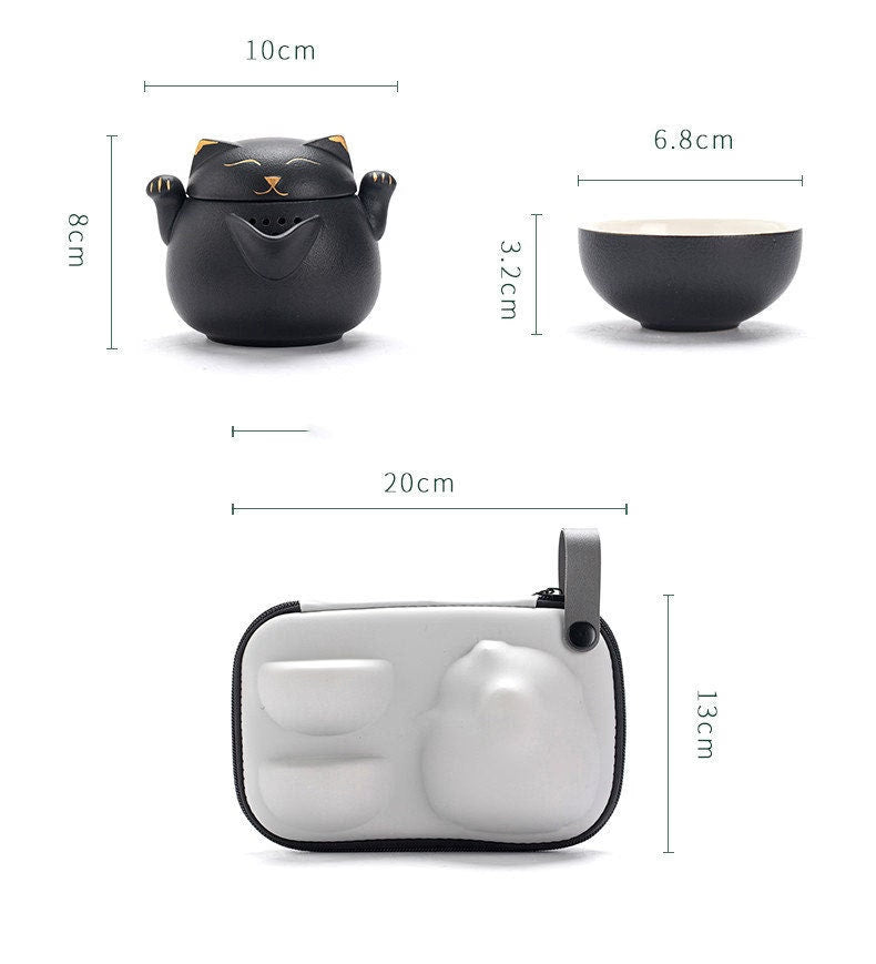 ACACUSS Tea Set for Cat Lovers Portable Cute Cat Cup One Pot And Two Cups Outdoor Storage Bag - Ceramic Teapot with 2 Cups Cute Cat Travel - ACACUSS