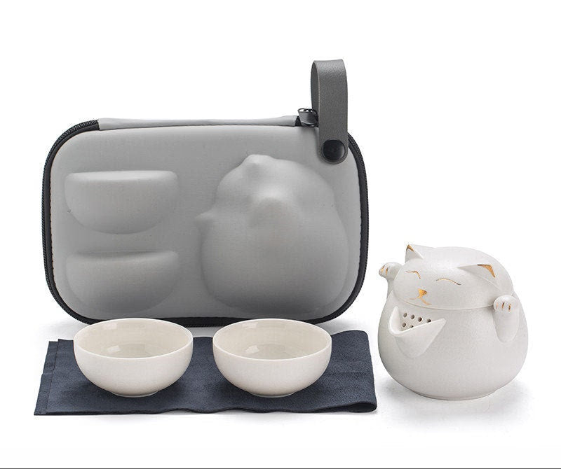 ACACUSS Tea Set for Cat Lovers Portable Cute Cat Cup One Pot And Two Cups Outdoor Storage Bag - Ceramic Teapot with 2 Cups Cute Cat Travel - ACACUSS