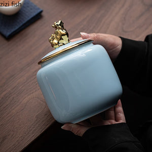 Tea Tin Animal Lid Ceramic Airtight Jar Food Storage Tank Tea Container Moisture Proof Tea Box Tea Organizer Candy Jar Tea Caddy acacuss